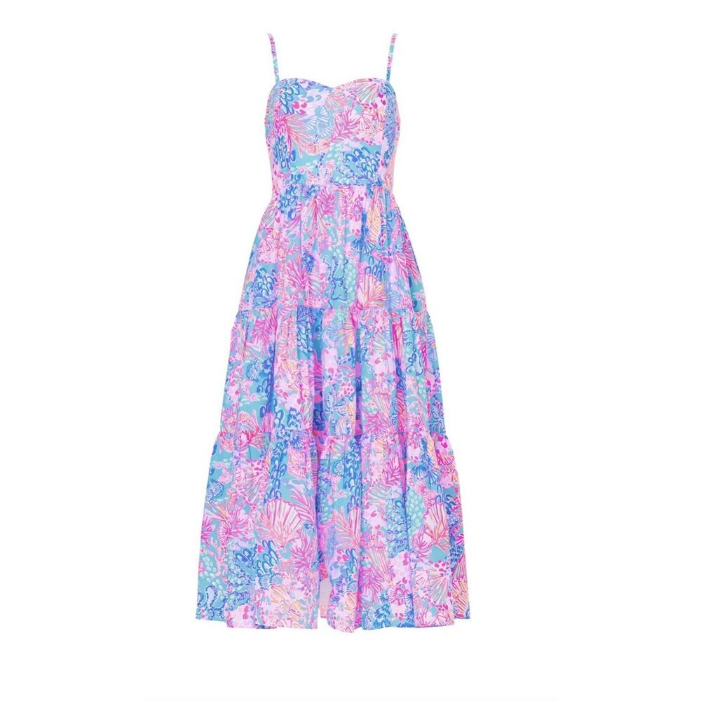 Lilly Pulitzer Edith Midi Dress Sz 2 Splendor in the Sand Colorful Floral Vaca - Picture 14 of 16